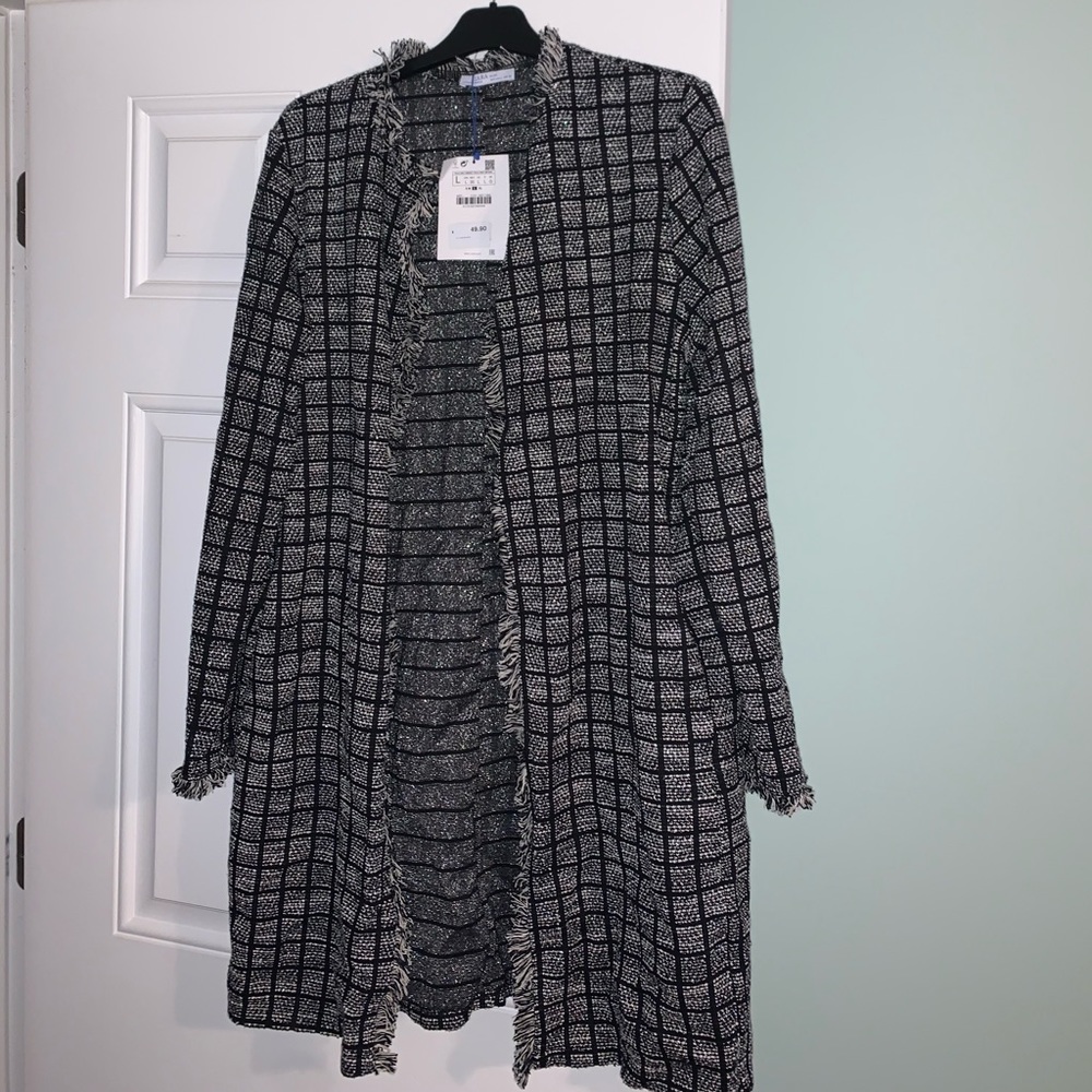 Zara long open tweed blazer w/fringe Large